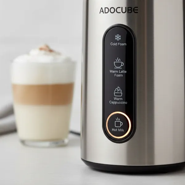Adocube milk frother displaying its four distinct settings for different milk foam types.