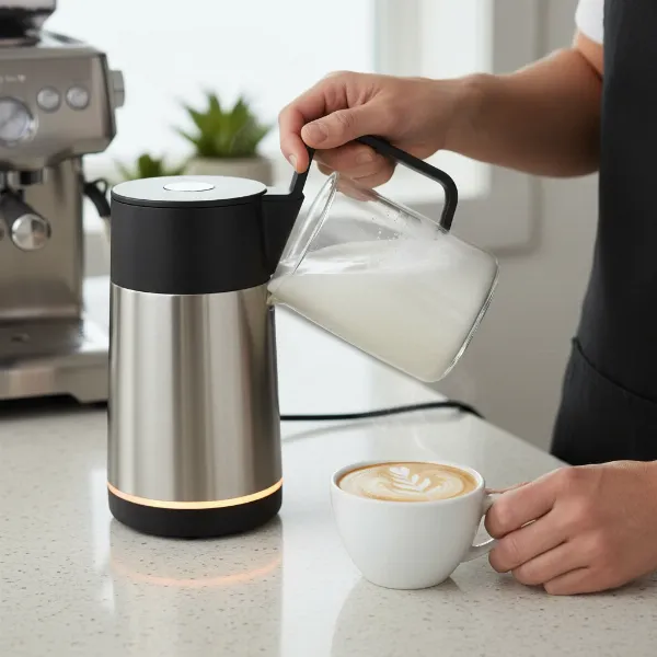Automatic countertop milk frother preparing frothed milk for a latte, with a barista pouring milk into a cup.