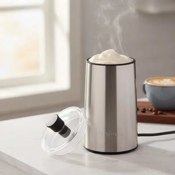 An automatic electric milk frother producing smooth, consistent foam for a delicious latte.
