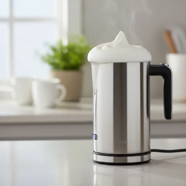 A sleek automatic electric milk frother creating dense foam in a modern kitchen setting