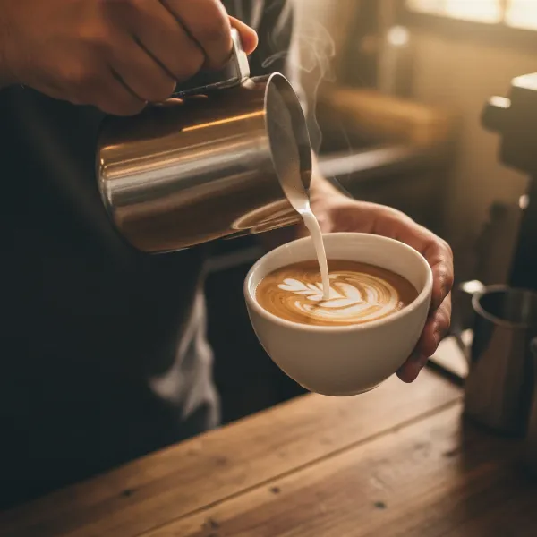 A barista carefully pouring frothed milk from a hot jug into a coffee cup, emphasizing safe handling techniques.