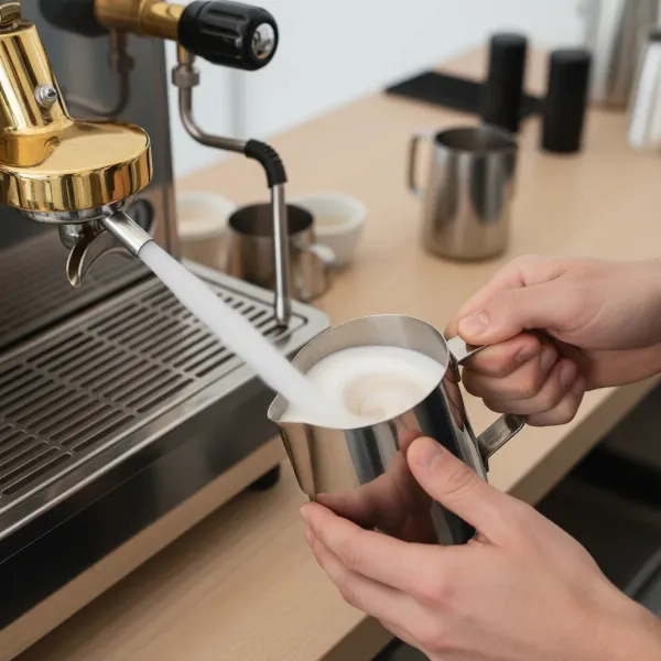 Barista steaming milk with an espresso machine's steam wand, demonstrating proper frothing technique.