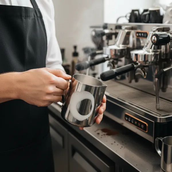 skilled barista steaming milk using espresso machine for perfect latte