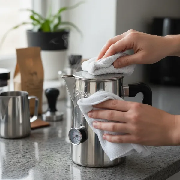 A person carefully cleaning the steam wand of a Bellman stovetop steamer after use, emphasizing proper maintenance for optimal performance.