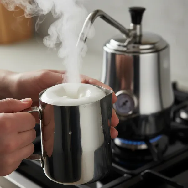 Hands demonstrating steaming milk with a Bellman steamer, creating perfect microfoam for latte art.