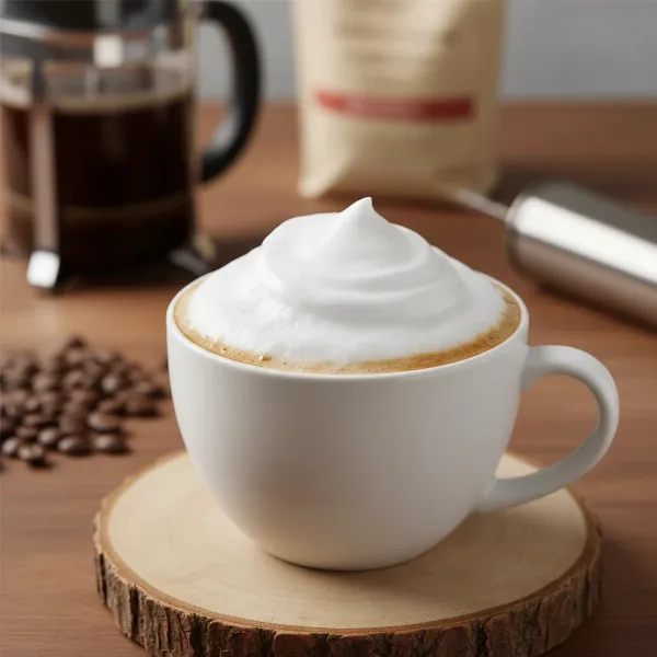 A delightful cappuccino in a ceramic mug, topped with creamy, stable foam, ready to enjoy at home.