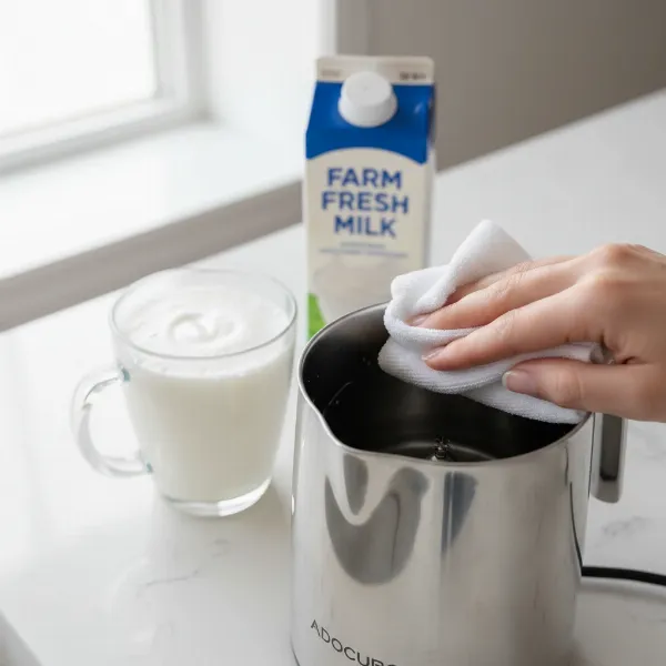 Person cleaning an Adocube milk frother, emphasizing the use of cold, fresh milk.