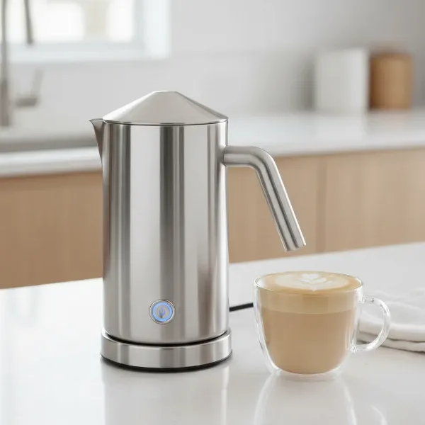 A sparkling clean electric milk steamer ready to produce perfect, velvety microfoam for coffee beverages.