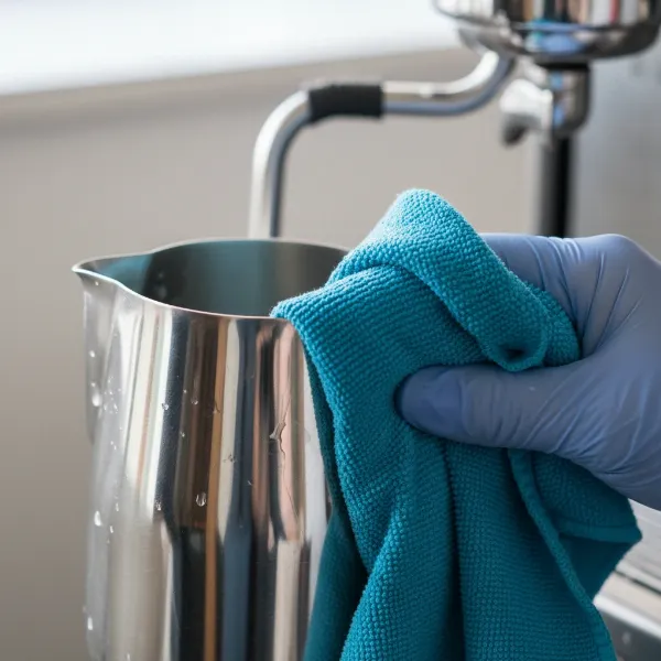 A hand wiping down a clean stainless steel milk steamer jug after use, emphasizing prevention.