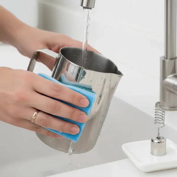 Handwashing the detachable stainless steel jug of the Maestri House milk frother after use.
