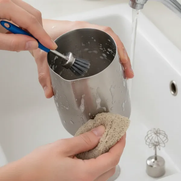 Person cleaning an automatic milk frother whisk and jug with soap and water to remove dried milk residue.