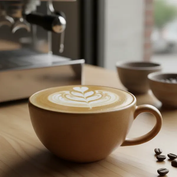 A perfect latte or cappuccino in a mug with beautiful latte art, showing rich, silky microfoam.