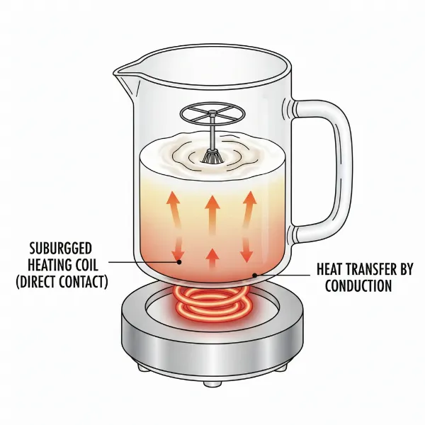 Diagram showing a coil-heated milk frother with a visible heating element at the jug's base.