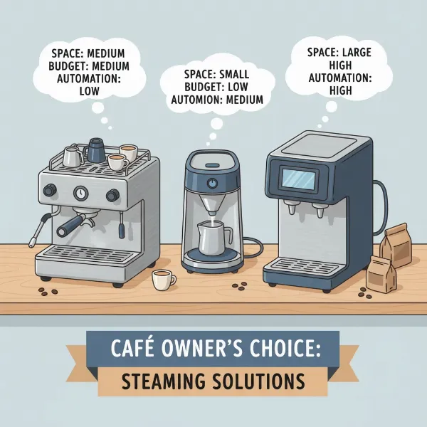 An overhead view showing a cafe layout with various commercial milk steamer options, aiding selection.