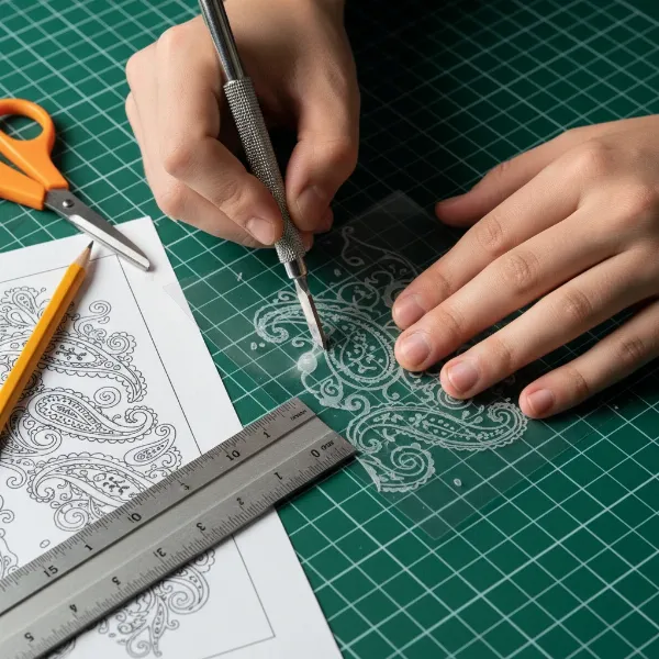Essential tools for crafting DIY latte art stencils laid out on a cutting mat.