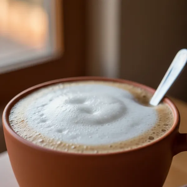 Close-up of a cup of coffee with perfectly frothed milk, ready for latte art.