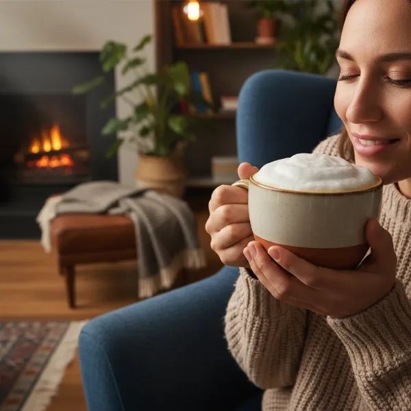 A person enjoying a freshly made latte with perfectly frothed milk from the De'Longhi Alicia Latte frother.