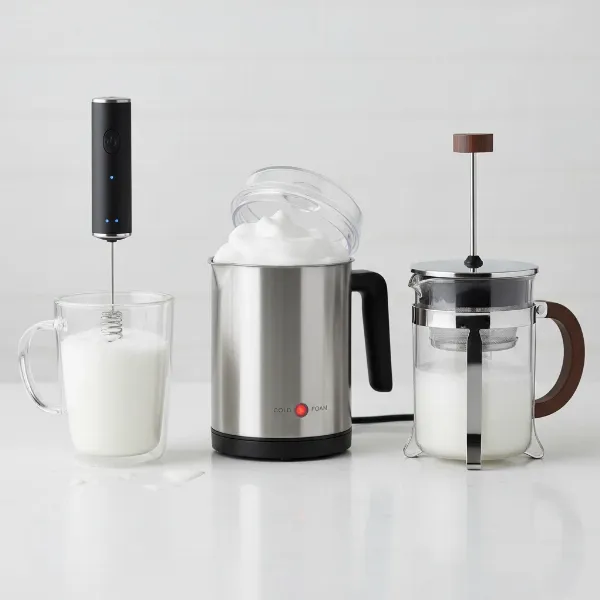 Three different milk frothers: handheld, automatic electric, and manual French press style, all making cold foam.
