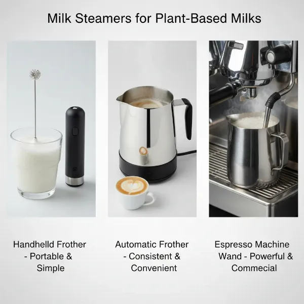 Various milk frothers: handheld, automatic, and espresso machine wand for non-dairy milk.