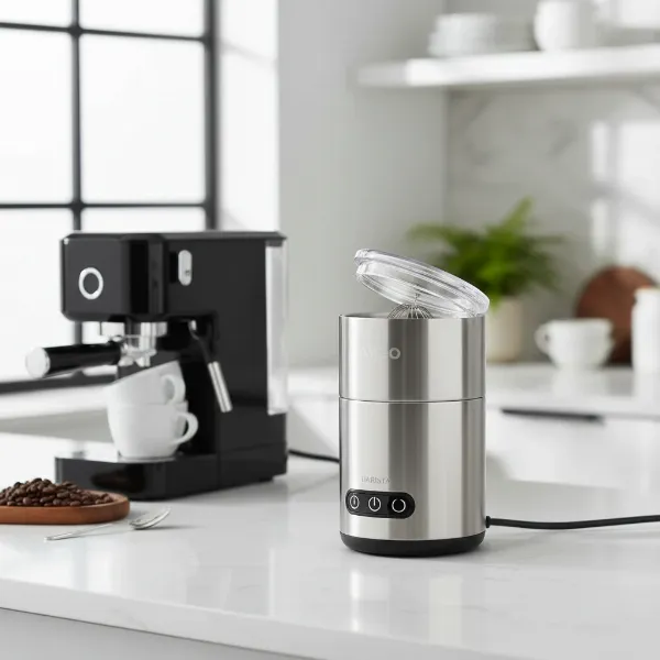 Modern Dreo Milk Frother on a kitchen counter, highlighting its stainless steel and compact design.