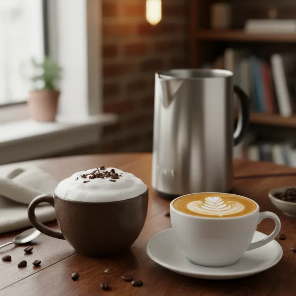A rich, velvety hot chocolate with frothed milk, prepared using a Dualit frother, beside a coffee.