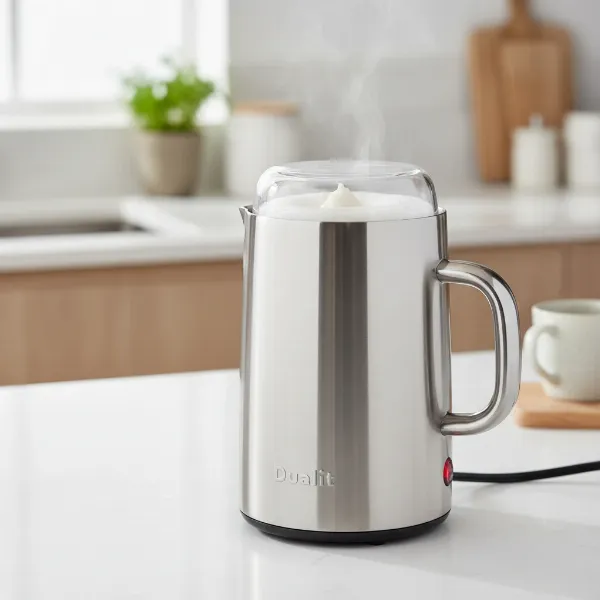 A sleek Dualit milk frother on a modern kitchen counter, preparing frothy milk for coffee.