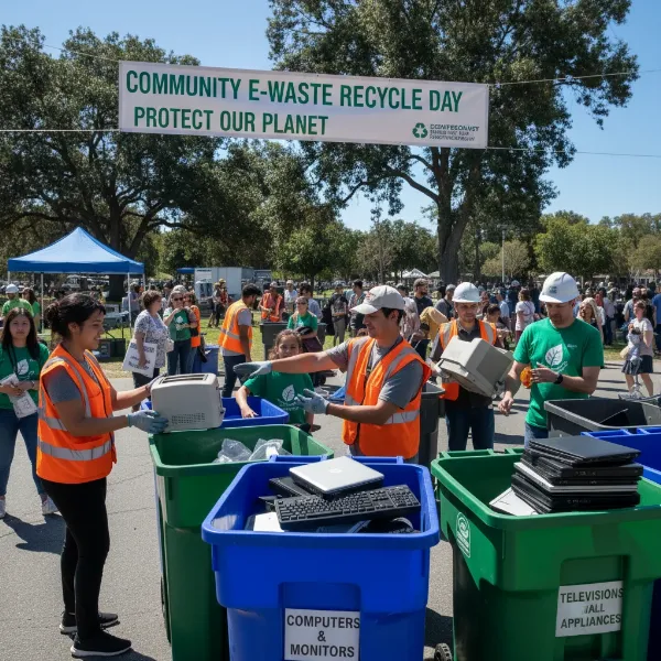 Diverse people drop off various electronic items at a community e-waste recycling event.