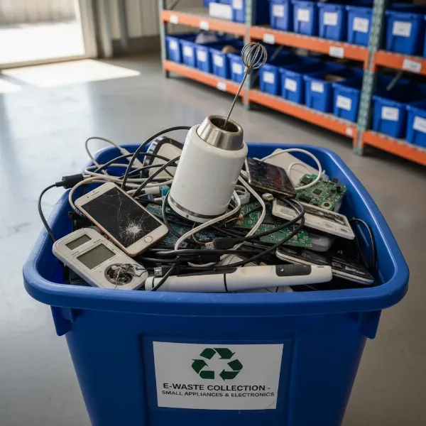 Illustration showing a broken milk frother among other e-waste items being collected for recycling.