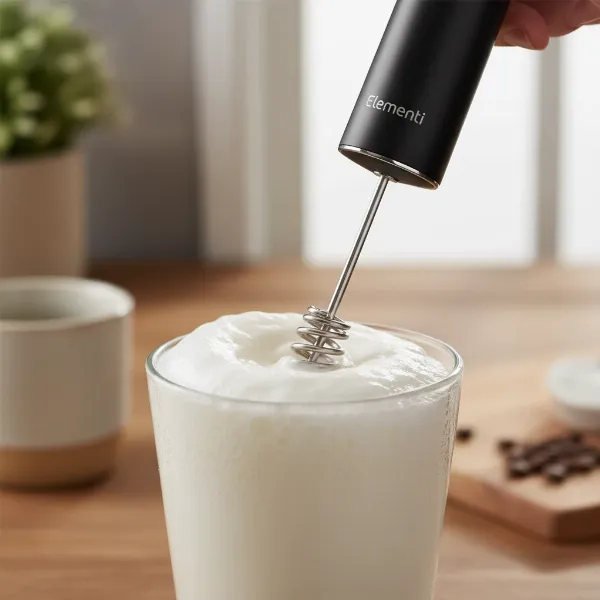 Elementi milk frother creating rich, creamy foam in a clear glass mug.