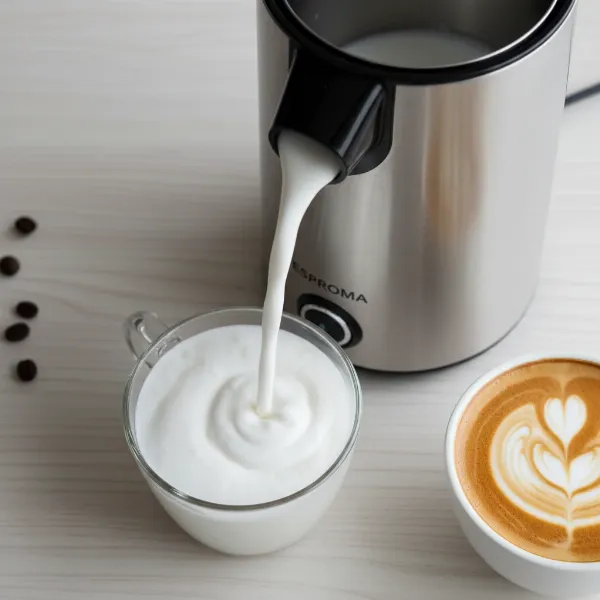 Esproma milk frother producing silky microfoam for latte art, showcasing consistent performance with different milks.
