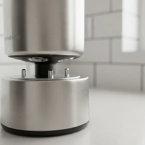 Close-up of a milk frother's base station and the bottom of the jug, highlighting clean electrical contacts