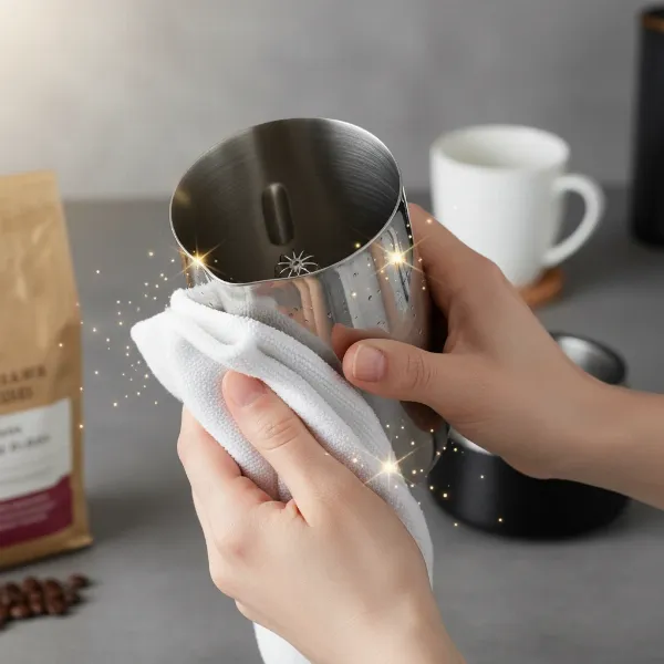 A person cleaning an automatic electric milk frother after use, wiping the interior with a soft cloth.