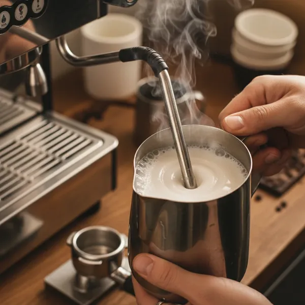 Close-up of a barista expertly frothing coconut milk using an espresso machine's steam wand.