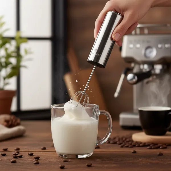 Handheld frother whisking milk in a clear glass cup, creating rich foam for coffee