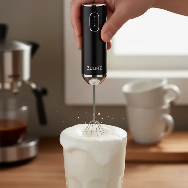 a person using a handheld frother to create foam in a tall glass of milk for coffee