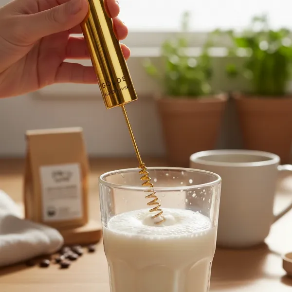 a person demonstrating the proper frothing technique with the Golde Superwhisk in a clear glass
