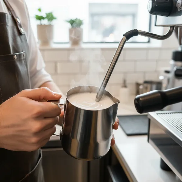 Close-up view of milk being steamed in a pitcher, showing the whirlpool effect and fine microfoam formation, highlighting proper technique.