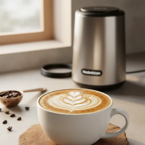 Perfectly frothed latte in a ceramic mug with HadinEEon milk steamer in soft focus background.