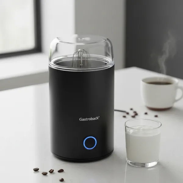 Sleek Gastroback Latte Magic milk frother on a kitchen counter, showcasing its design and features.