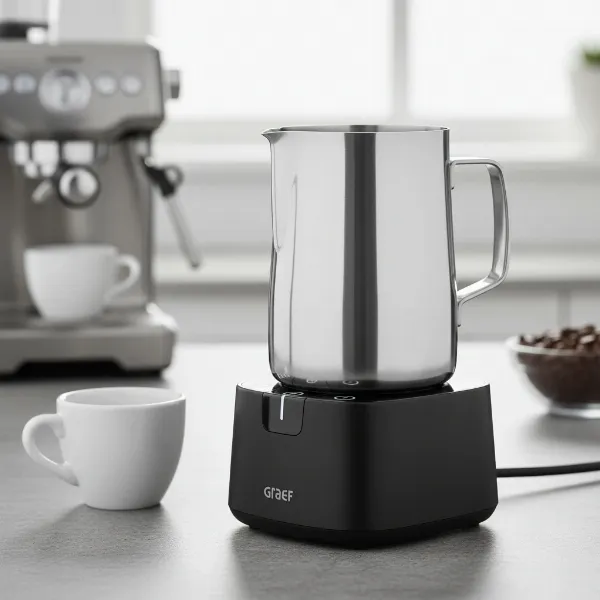 Graef MS 702 milk frother with its stainless steel jug and black base on a kitchen counter.