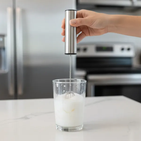 A person using a compact handheld milk frother to create rich foam for coffee.