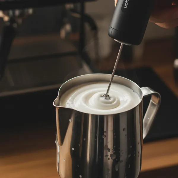 A Subminimal NanoFoamer creating fine microfoam in a small pitcher, ready for latte art