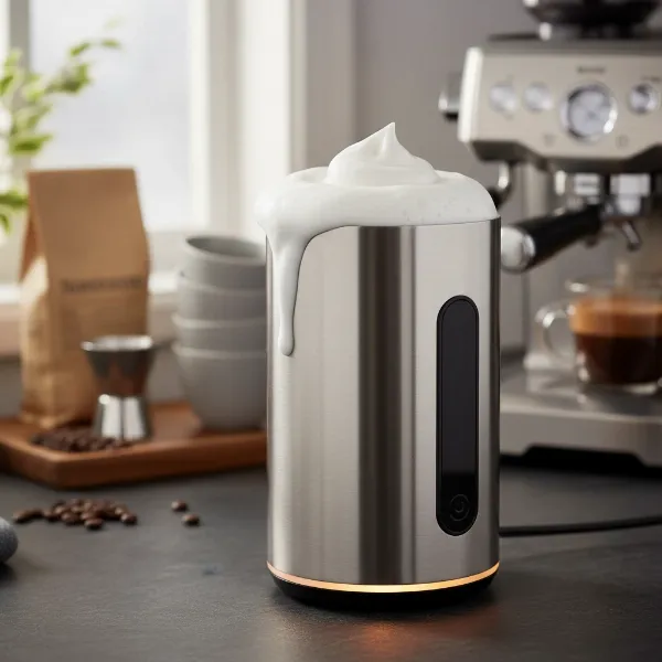 Home barista using an automatic milk frother, creating creamy foam for a latte, emphasizing ease.