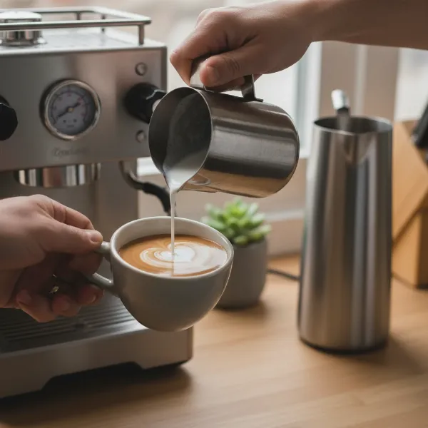 A home barista pouring latte art with a modern milk steamer and espresso machine