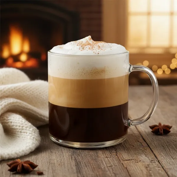 A freshly made eggnog latte in a mug, topped with frothed milk and grated nutmeg.