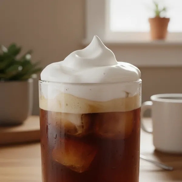 Iced coffee with a thick, creamy layer of homemade cold foam on top, ready to drink.