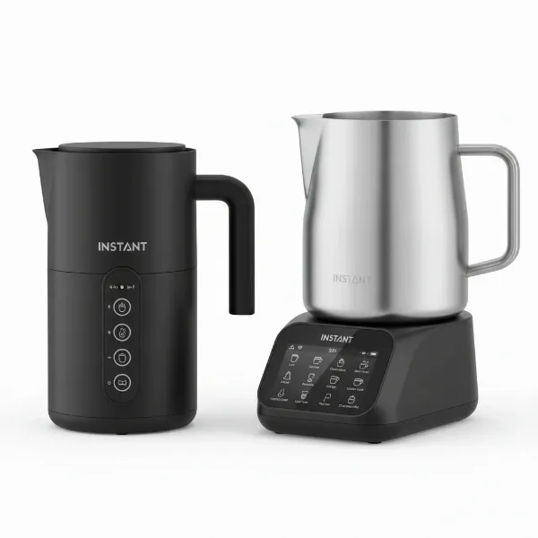a side-by-side comparison of Instant 4-in-1 and MagicFroth 9-in-1 milk frothers, highlighting their features