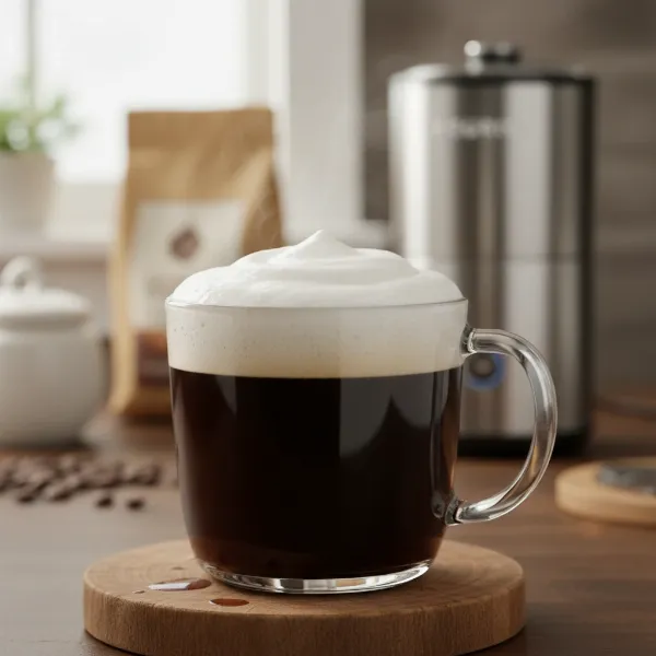 Perfectly frothed milk in a glass mug with coffee, demonstrating creamy, thick texture from Keurig frother