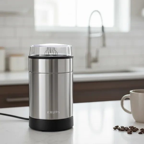 A Krups XL2000 automatic milk frother on a kitchen counter, ready for use.