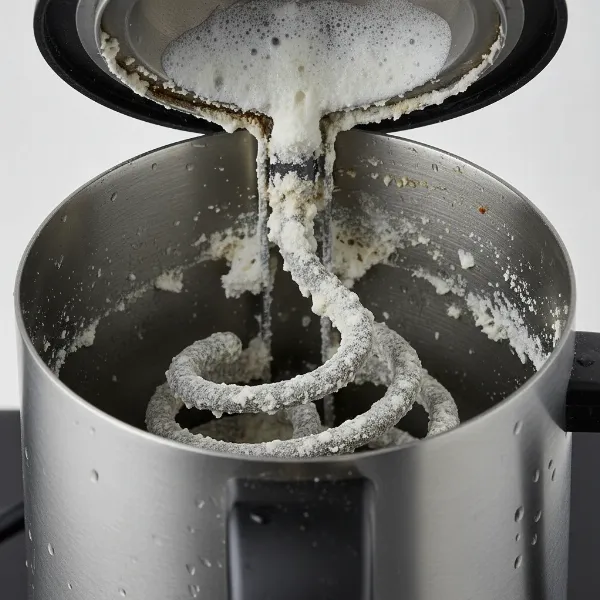 Limescale buildup inside an electric milk steamer's heating element, indicating poor performance.